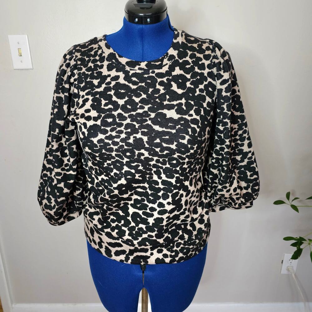 LOFT Leopard Print Puff Sleeve Knit Seeater – Black & Cream – Size Small